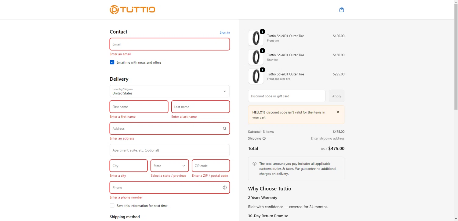 TUTTIO checkout page showing TUTTIO discount code box | Screenshot taken by SimplyCodes community member on Feb 13, 2026