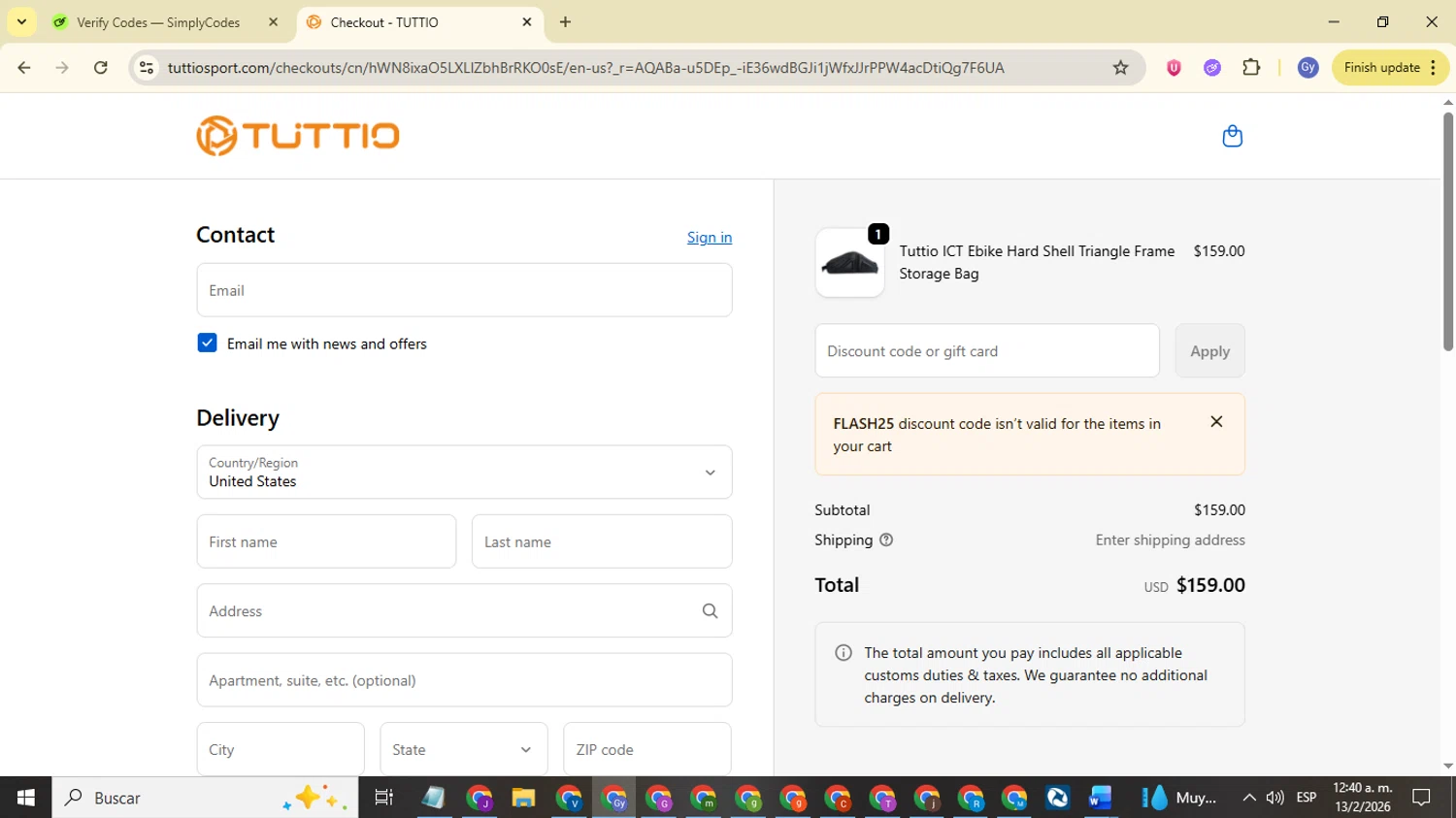 TUTTIO checkout page showing TUTTIO discount code box | Screenshot taken by SimplyCodes community member on Feb 13, 2026