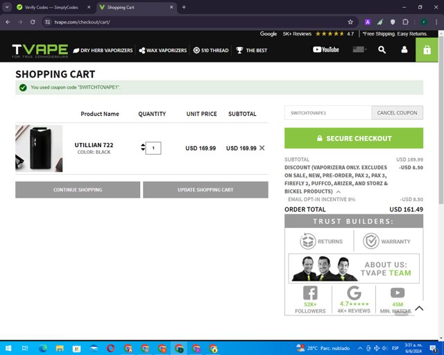 TVape checkout page showing TVape promo code box | Screenshot taken by SimplyCodes community member on Jun 6, 2024