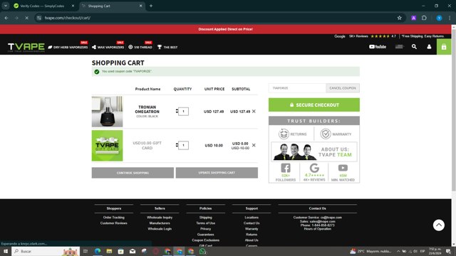 TVape checkout page showing TVape promo code box | Screenshot taken by SimplyCodes community member on Jun 23, 2024