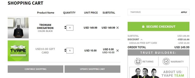 TVape checkout page showing TVape promo code box | Screenshot taken by SimplyCodes community member on Jul 31, 2024
