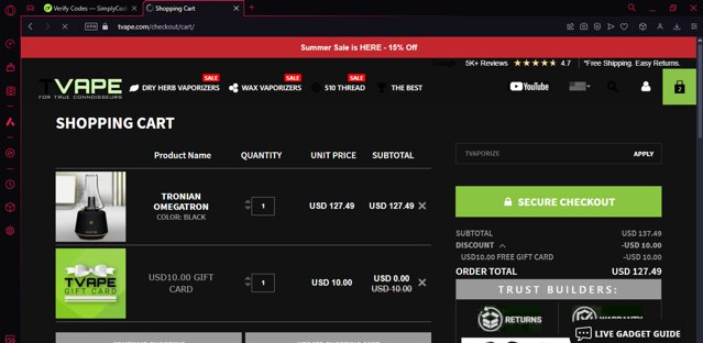 TVape checkout page showing TVape promo code box | Screenshot taken by SimplyCodes community member on Jul 23, 2024