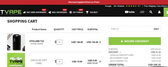 TVape checkout page showing TVape promo code box | Screenshot taken by SimplyCodes community member on Jun 13, 2024