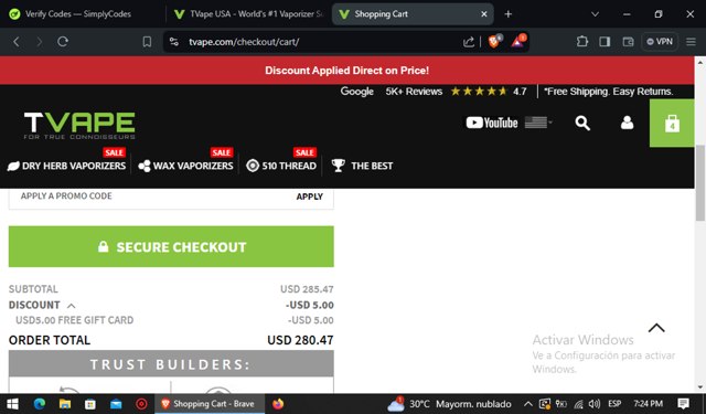 TVape checkout page showing TVape promo code box | Screenshot taken by SimplyCodes community member on Jun 17, 2024