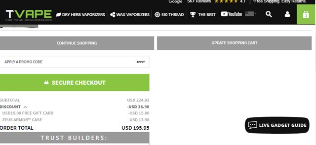 TVape checkout page showing TVape promo code box | Screenshot taken by SimplyCodes community member on Jun 5, 2024