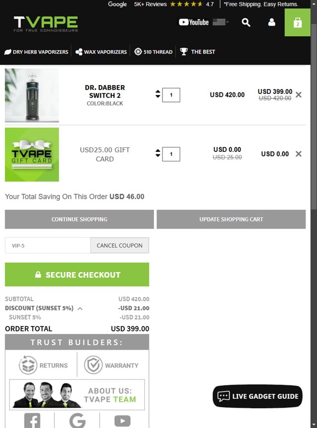 TVape checkout page showing TVape promo code box | Screenshot taken by SimplyCodes community member on Jan 31, 2025