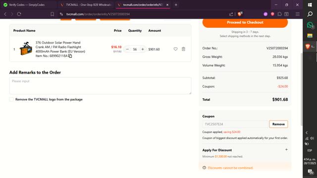 TVC Mall checkout page showing TVC Mall promo code box | Screenshot taken by SimplyCodes community member on Jul 20, 2025