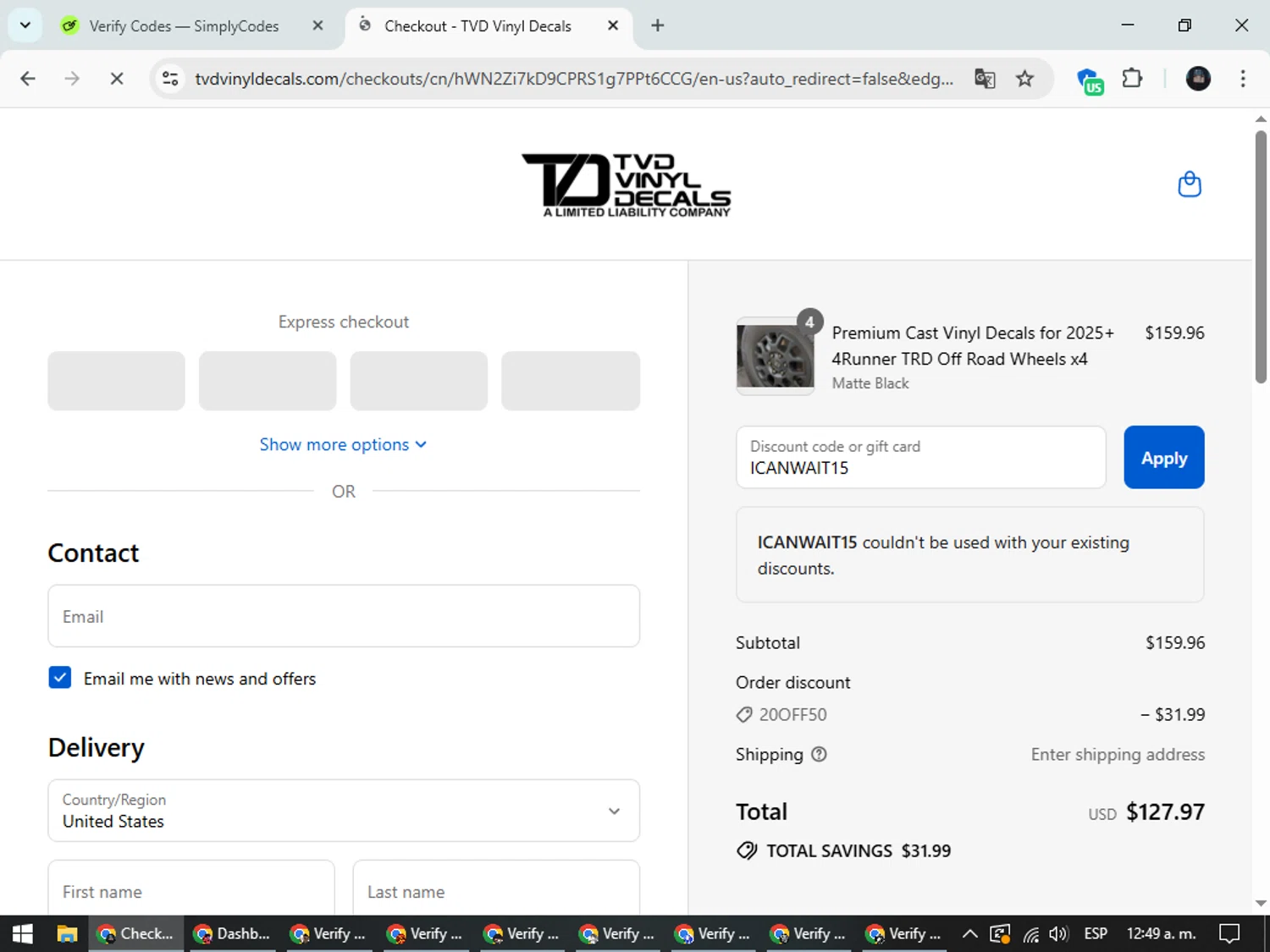 TVD Vinyl Decals discount code screenshot showing code ICANWAIT15 applied at TVD Vinyl Decals checkout page. Uploaded by SimplyCodes community member ValueElite5945 on Sep 4, 2025