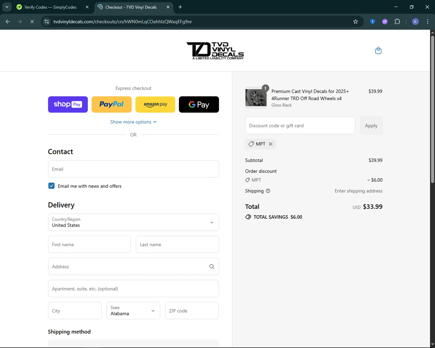 TVD Vinyl Decals discount code screenshot showing code MPT applied at TVD Vinyl Decals checkout page. Uploaded by SimplyCodes community member KevLapage on Jul 18, 2025