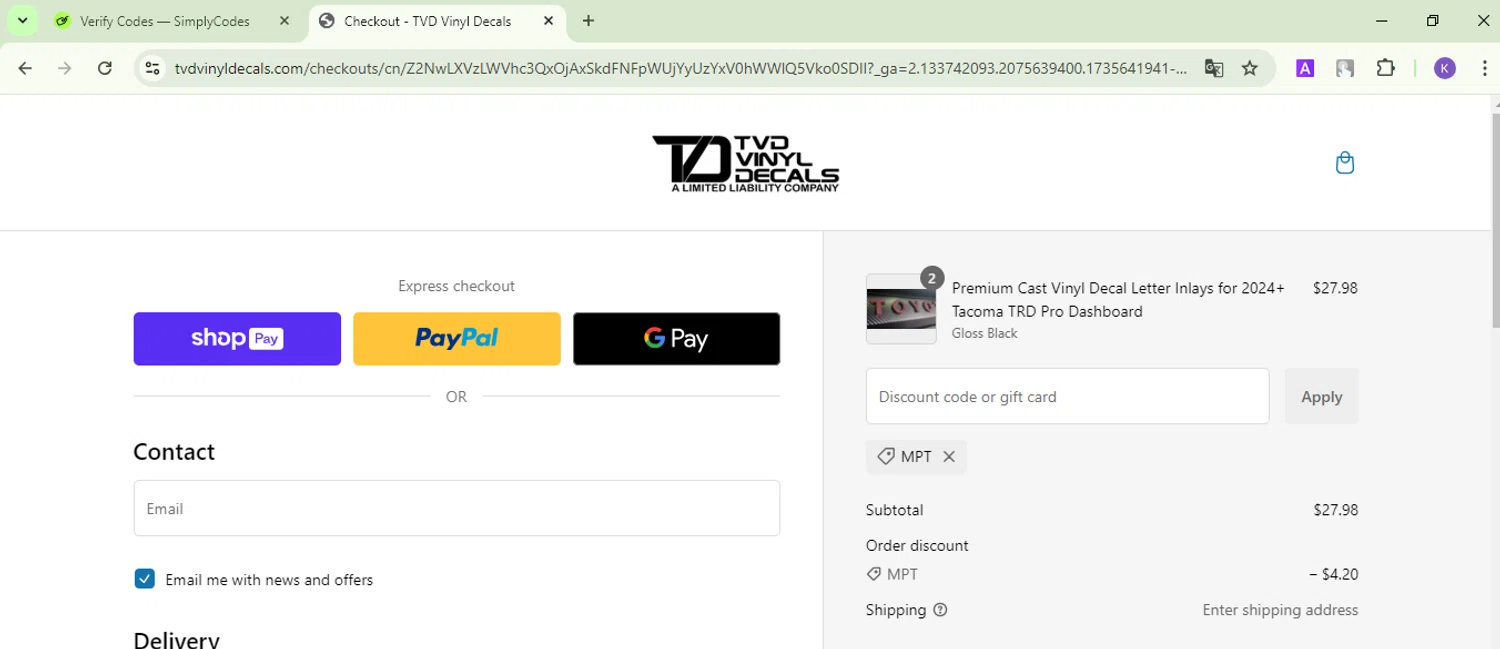 TVD Vinyl Decals discount code screenshot showing code MPT applied at TVD Vinyl Decals checkout page. Uploaded by SimplyCodes community member FortunateDefender3676 on Dec 31, 2024