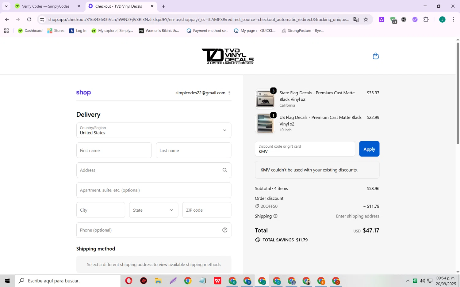 TVD Vinyl Decals discount code screenshot showing code KMV applied at TVD Vinyl Decals checkout page. Uploaded by SimplyCodes community member SarayH on Sep 21, 2025