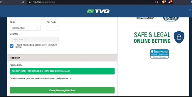 TVG checkout page showing TVG promo code box | Screenshot taken by SimplyCodes community member on Nov 3, 2021
