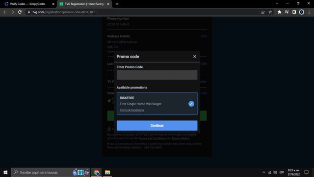 TVG checkout page showing TVG promo code box | Screenshot taken by SimplyCodes community member on Sep 27, 2022