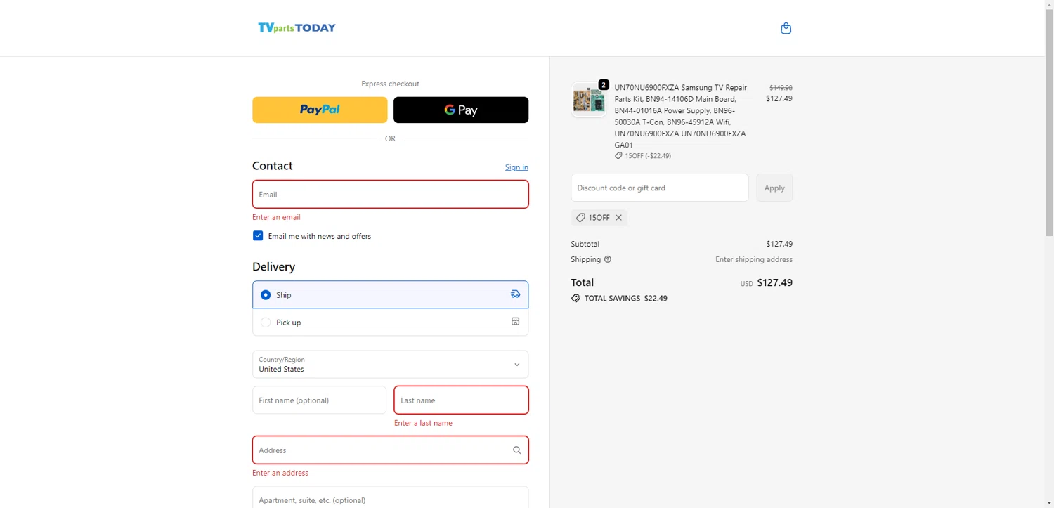 TV Parts Today discount code screenshot showing code 15OFF applied at TV Parts Today checkout page. Uploaded by SimplyCodes community member CrownTiger6508 on Oct 23, 2025