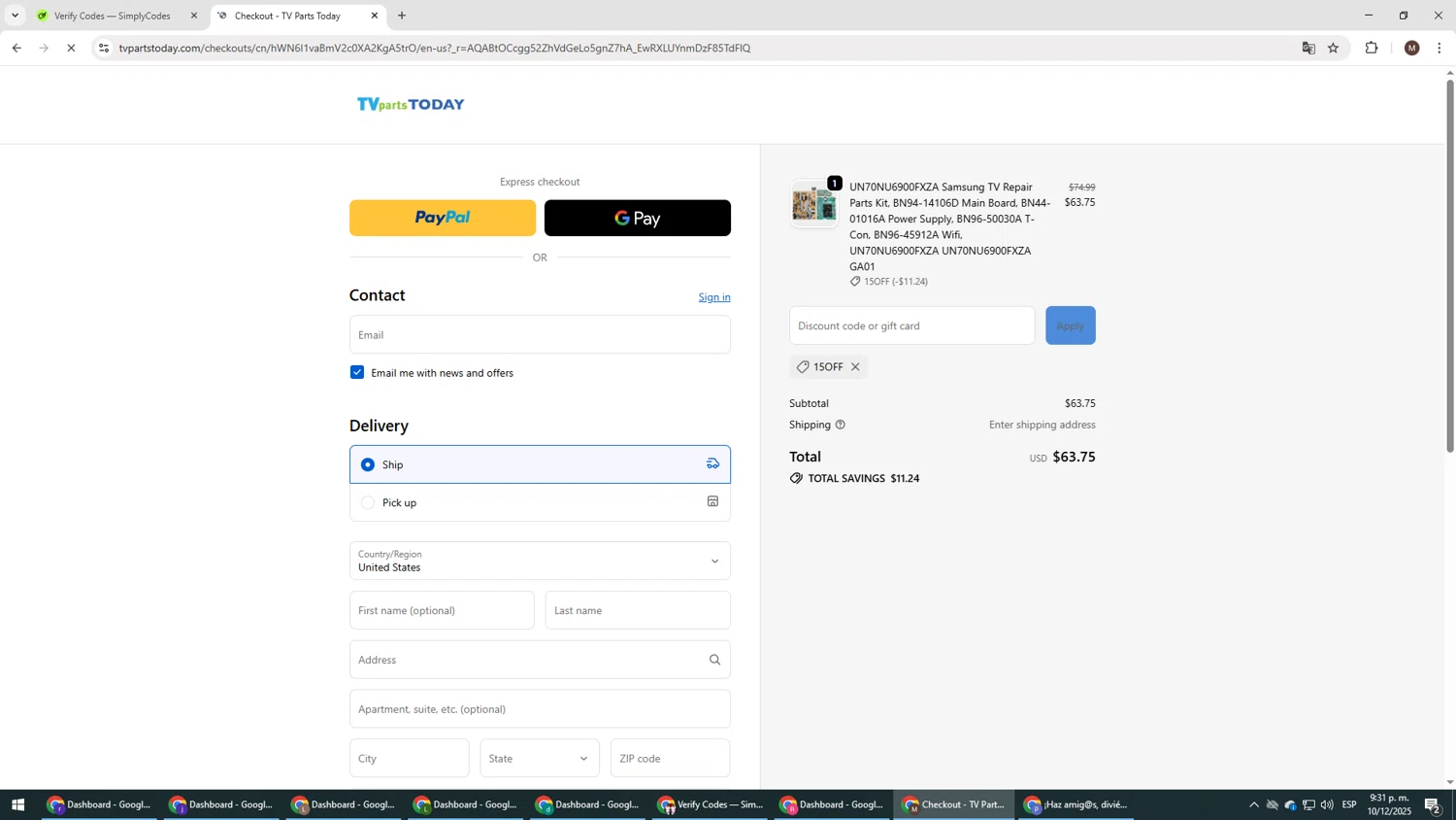 TV Parts Today discount code screenshot showing code 15OFF applied at TV Parts Today checkout page. Uploaded by SimplyCodes community member KTMCRF on Dec 11, 2025