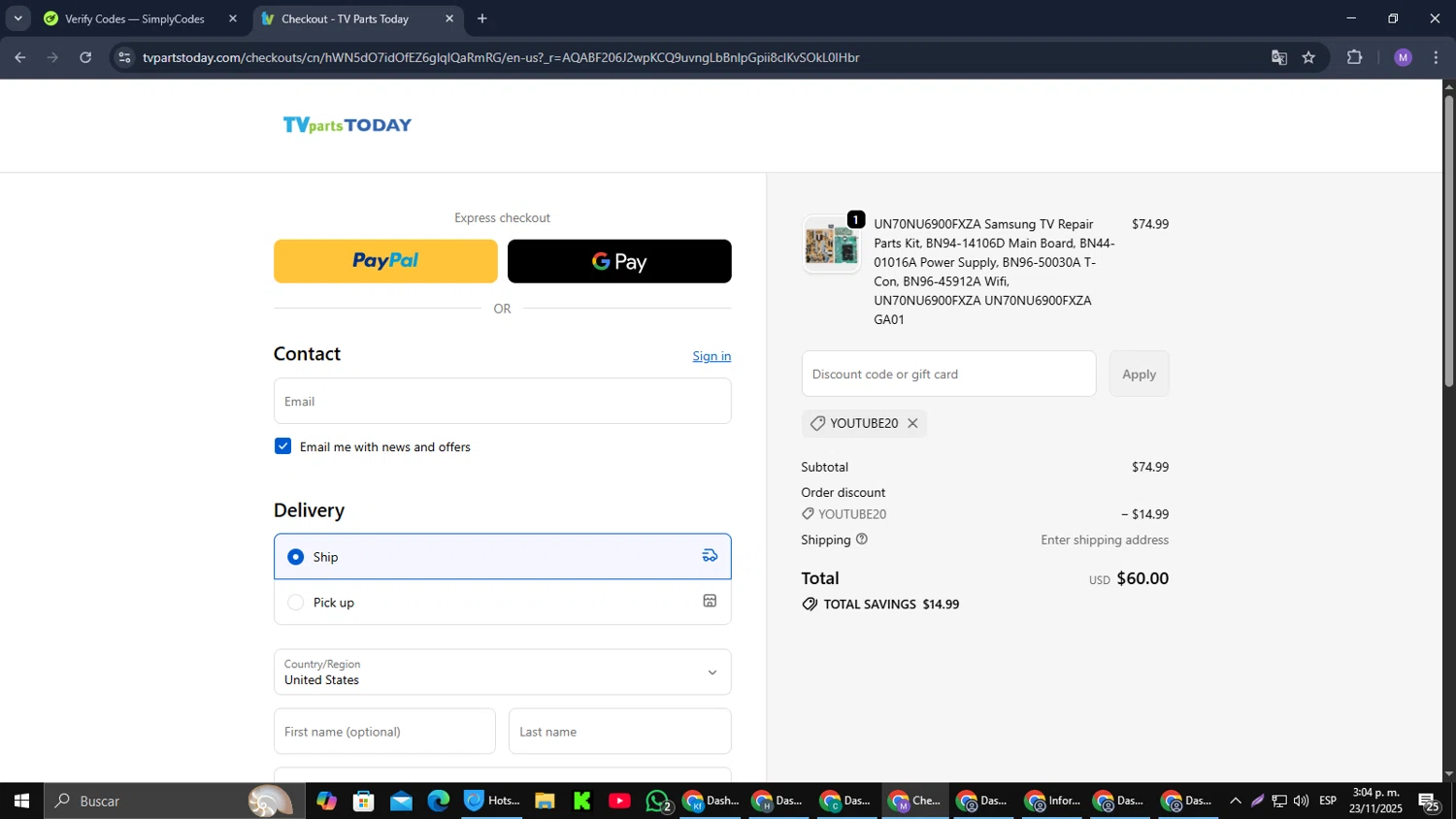 TV Parts Today discount code screenshot showing code YOUTUBE20 applied at TV Parts Today checkout page. Uploaded by SimplyCodes community member CouponGuardian8137 on Nov 23, 2025