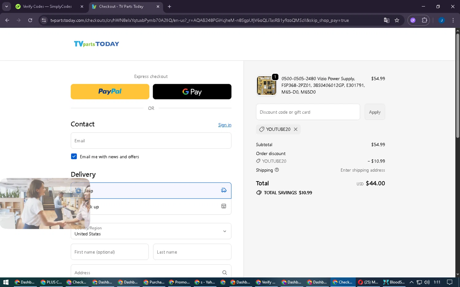 TV Parts Today discount code screenshot showing code YOUTUBE20 applied at TV Parts Today checkout page. Uploaded by SimplyCodes community member thegordobaby on Feb 11, 2026