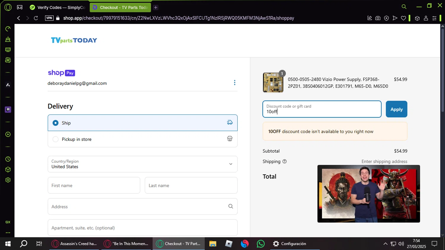 TV Parts Today discount code screenshot showing code 10off applied at TV Parts Today checkout page. Uploaded by SimplyCodes community member DiscountFinder7150 on Mar 27, 2025