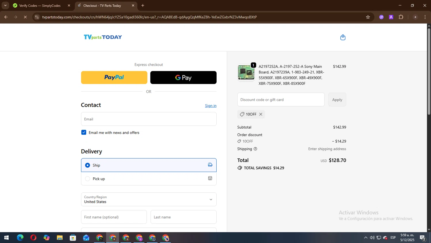 TV Parts Today discount code screenshot showing code 10off applied at TV Parts Today checkout page. Uploaded by SimplyCodes community member lisandro on Dec 5, 2025