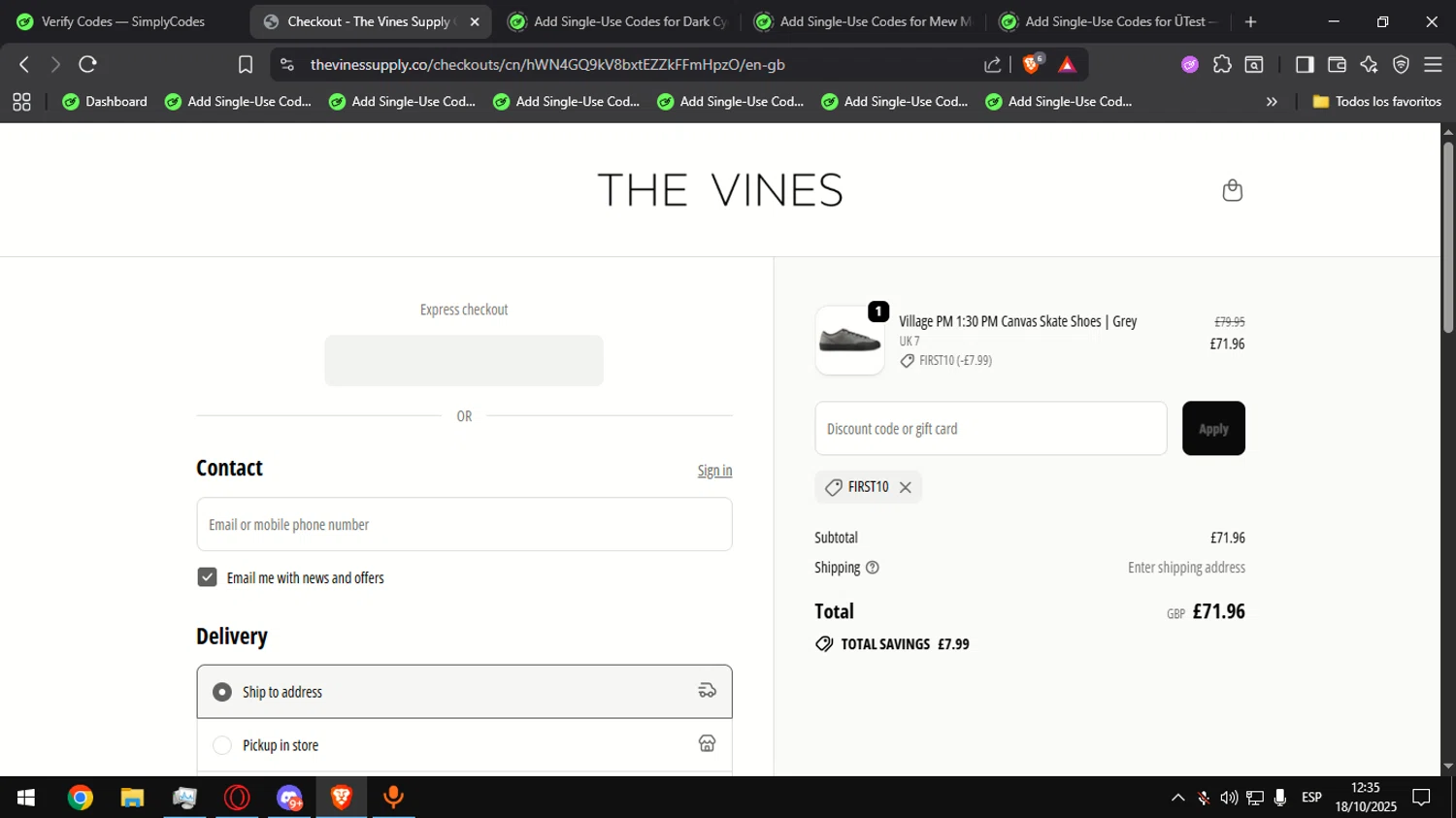 The Vines Supply promo code screenshot showing code FIRST10 applied at The Vines Supply checkout page. Uploaded by SimplyCodes community member Alegre on Oct 18, 2025