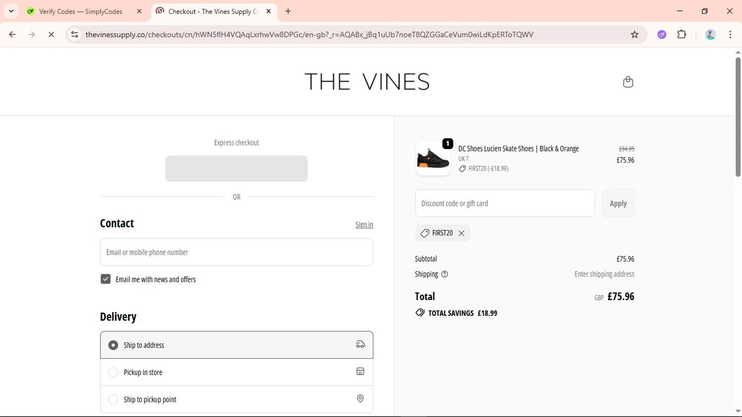 The Vines Supply promo code screenshot showing code FIRST20 applied at The Vines Supply checkout page. Uploaded by SimplyCodes community member Aguaita_coco on Nov 24, 2025
