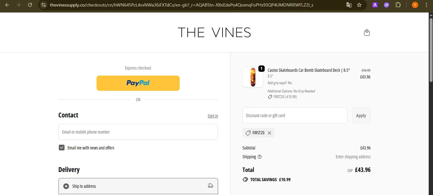 The Vines Supply promo code screenshot showing code FIRST20 applied at The Vines Supply checkout page. Uploaded by SimplyCodes community member NobleElite1598 on Dec 5, 2025