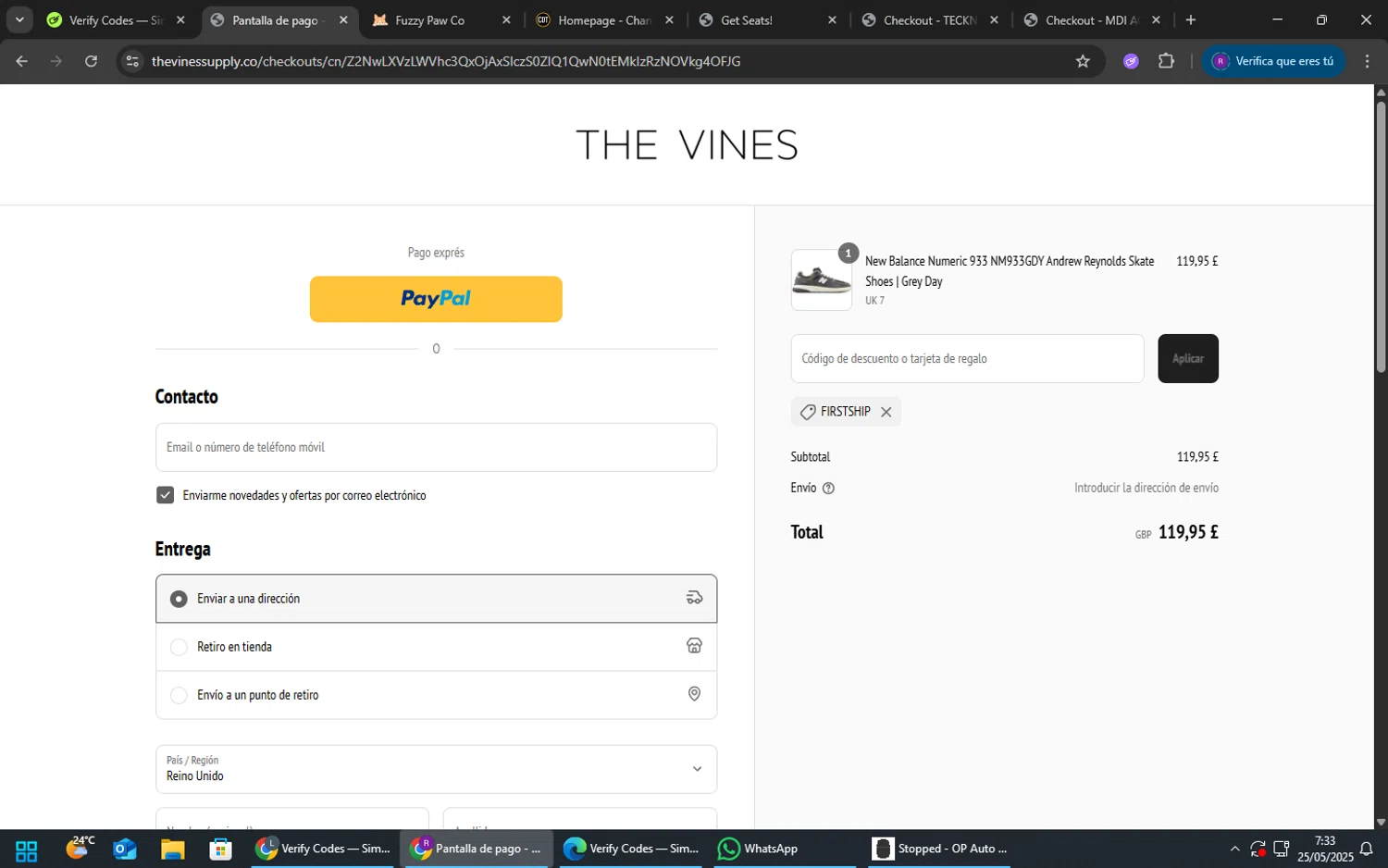 The Vines Supply promo code screenshot showing code FIRSTSHIP applied at The Vines Supply checkout page. Uploaded by SimplyCodes community member TokenFox2691 on May 25, 2025