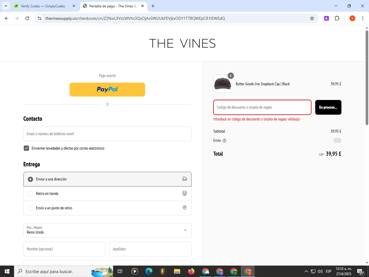 The Vines Supply promo code screenshot showing code EGG20 applied at The Vines Supply checkout page. Uploaded by SimplyCodes community member partenalgas on Apr 27, 2025