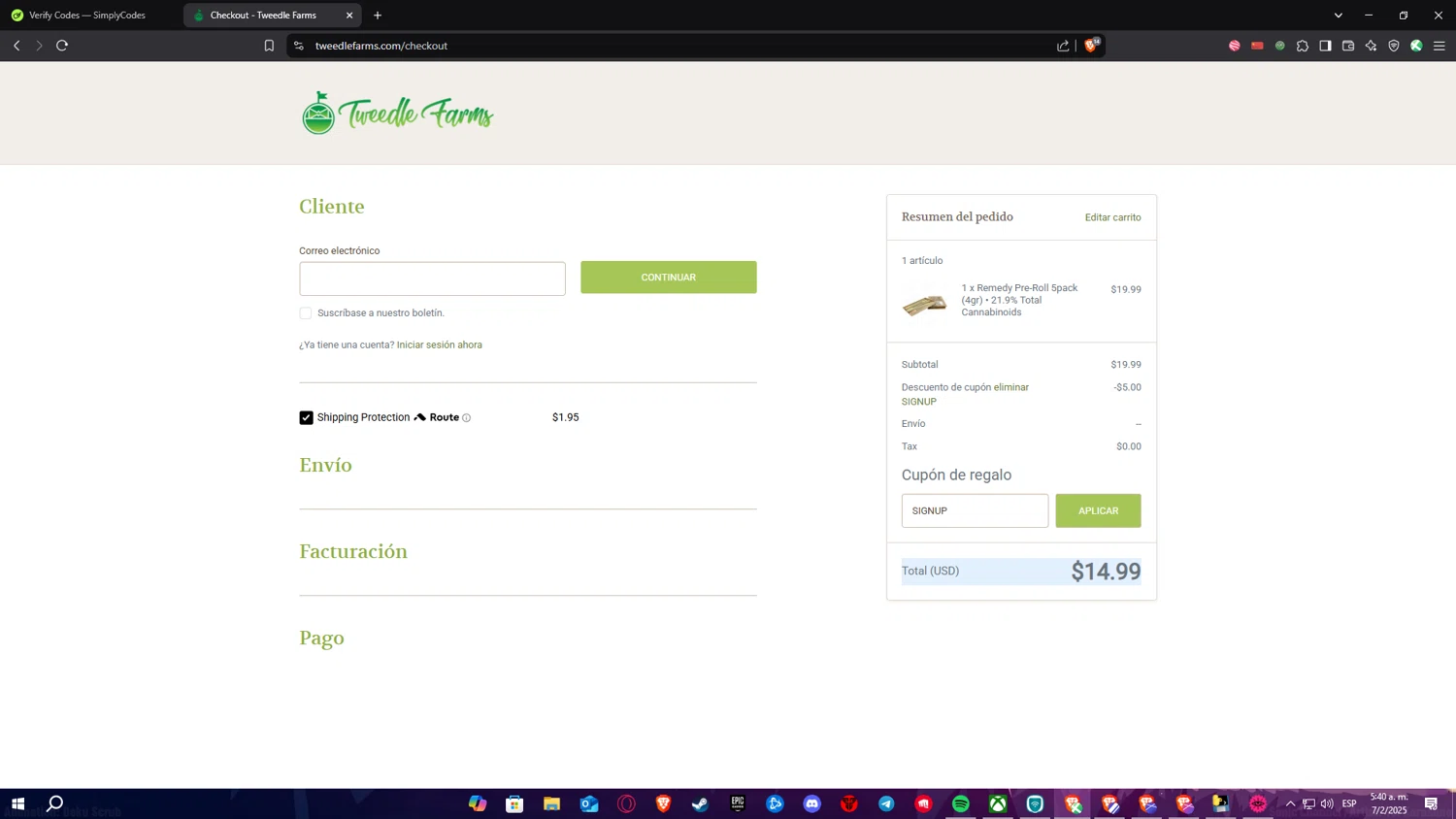 Tweedle Farms coupon code screenshot showing code SIGNUP applied at Tweedle Farms checkout page. Uploaded by SimplyCodes community member Nulo0000 on Feb 7, 2025