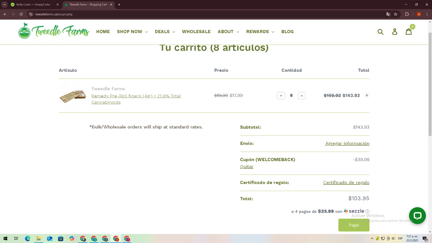 Tweedle Farms coupon code screenshot showing code WELCOMEBACK applied at Tweedle Farms checkout page. Uploaded by SimplyCodes community member zxxx27 on Feb 22, 2025