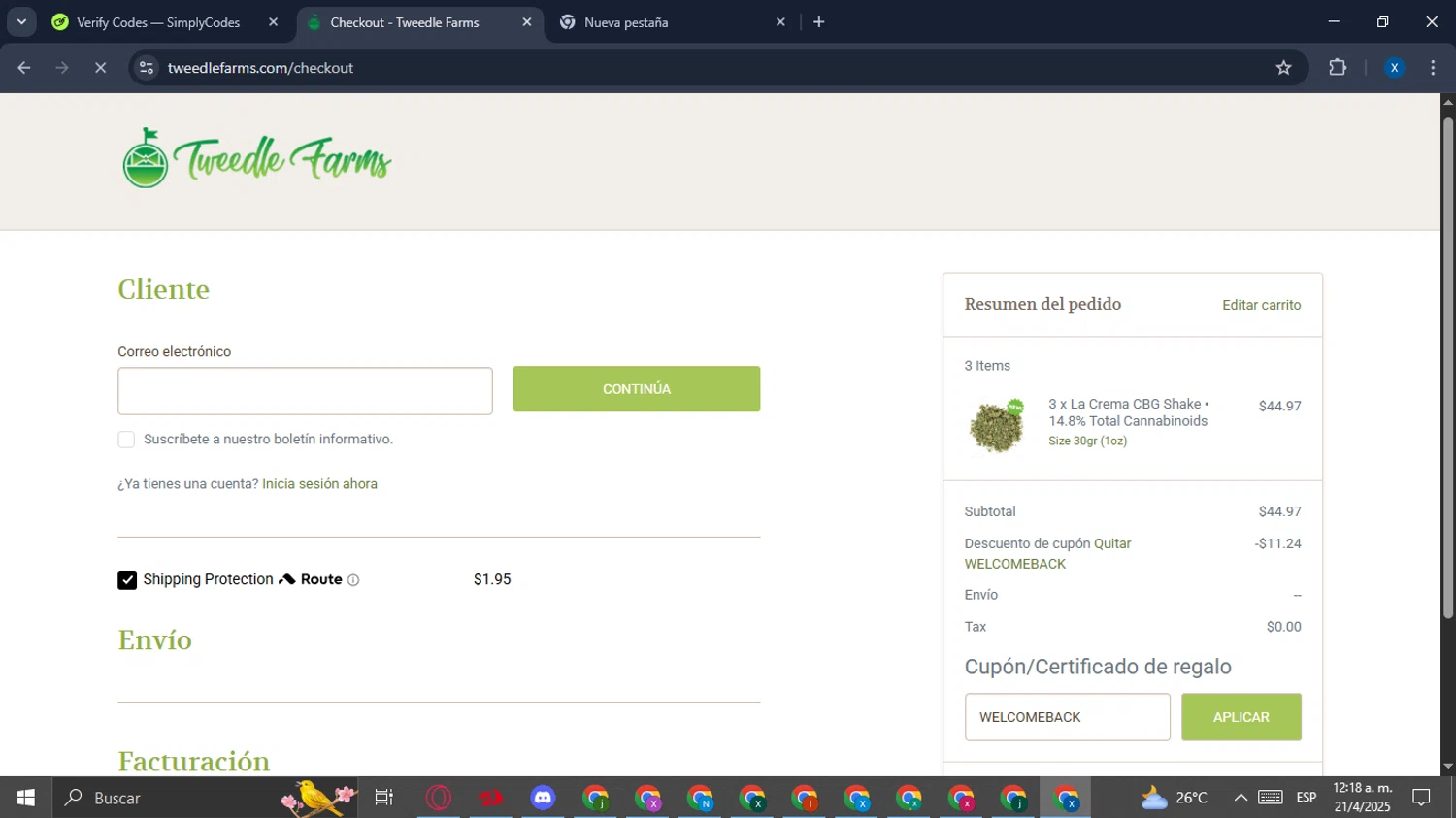 Tweedle Farms coupon code screenshot showing code WELCOMEBACK applied at Tweedle Farms checkout page. Uploaded by SimplyCodes community member ExtraordinaryOwl2235 on Apr 21, 2025