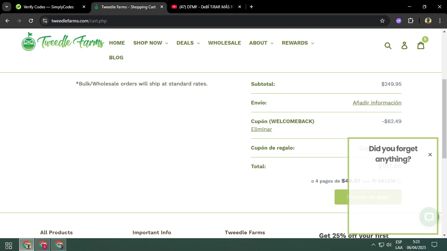 Tweedle Farms coupon code screenshot showing code WELCOMEBACK applied at Tweedle Farms checkout page. Uploaded by SimplyCodes community member ELVERDEDESAMP on Apr 6, 2025