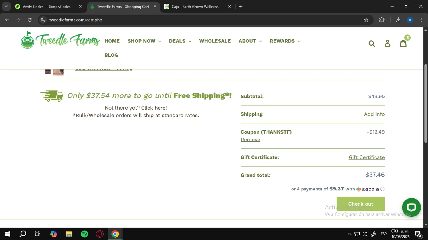 Tweedle Farms coupon code screenshot showing code THANKSTF applied at Tweedle Farms checkout page. Uploaded by SimplyCodes community member ELCELESTE on Jun 10, 2025