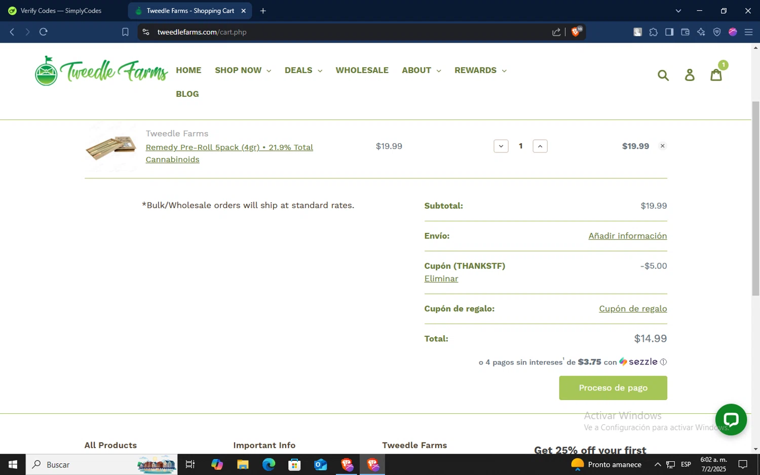 Tweedle Farms coupon code screenshot showing code THANKSTF applied at Tweedle Farms checkout page. Uploaded by SimplyCodes community member TokenSaver1205 on Feb 7, 2025