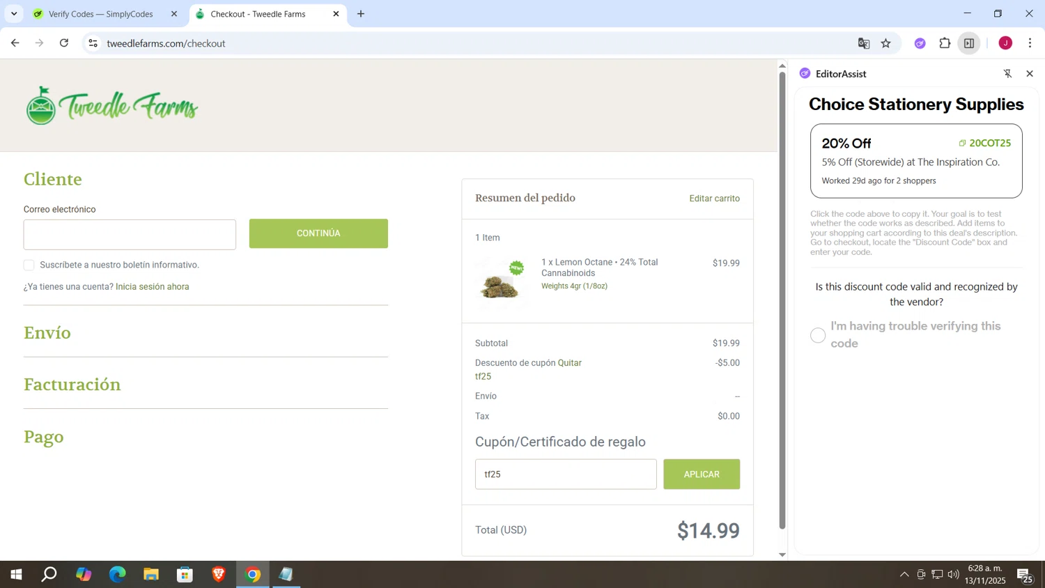 Tweedle Farms coupon code screenshot showing code tf25 applied at Tweedle Farms checkout page. Uploaded by SimplyCodes community member vergil_lains on Nov 13, 2025