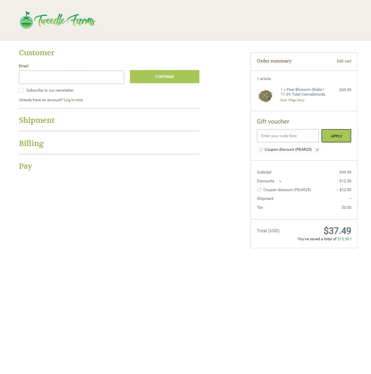 Tweedle Farms coupon code screenshot showing code PEAR25 applied at Tweedle Farms checkout page. Uploaded by SimplyCodes community member reggiesmith on Jan 26, 2026