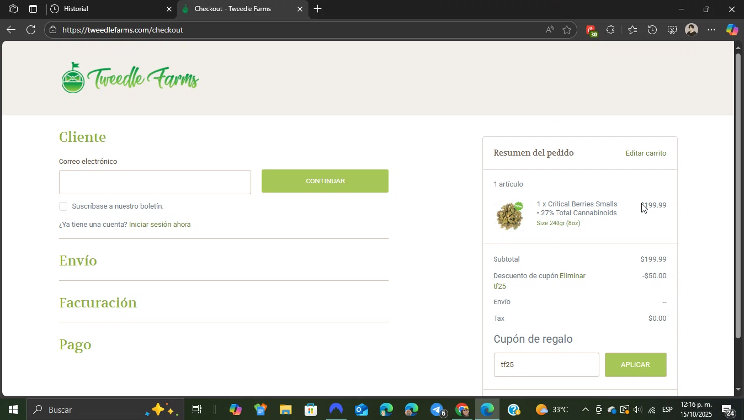 Tweedle Farms coupon code screenshot showing code tf25 applied at Tweedle Farms checkout page. Uploaded by SimplyCodes community member ShieldEagle9436 on Oct 15, 2025