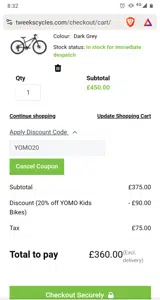 YOMO20 coupon verification screenshot