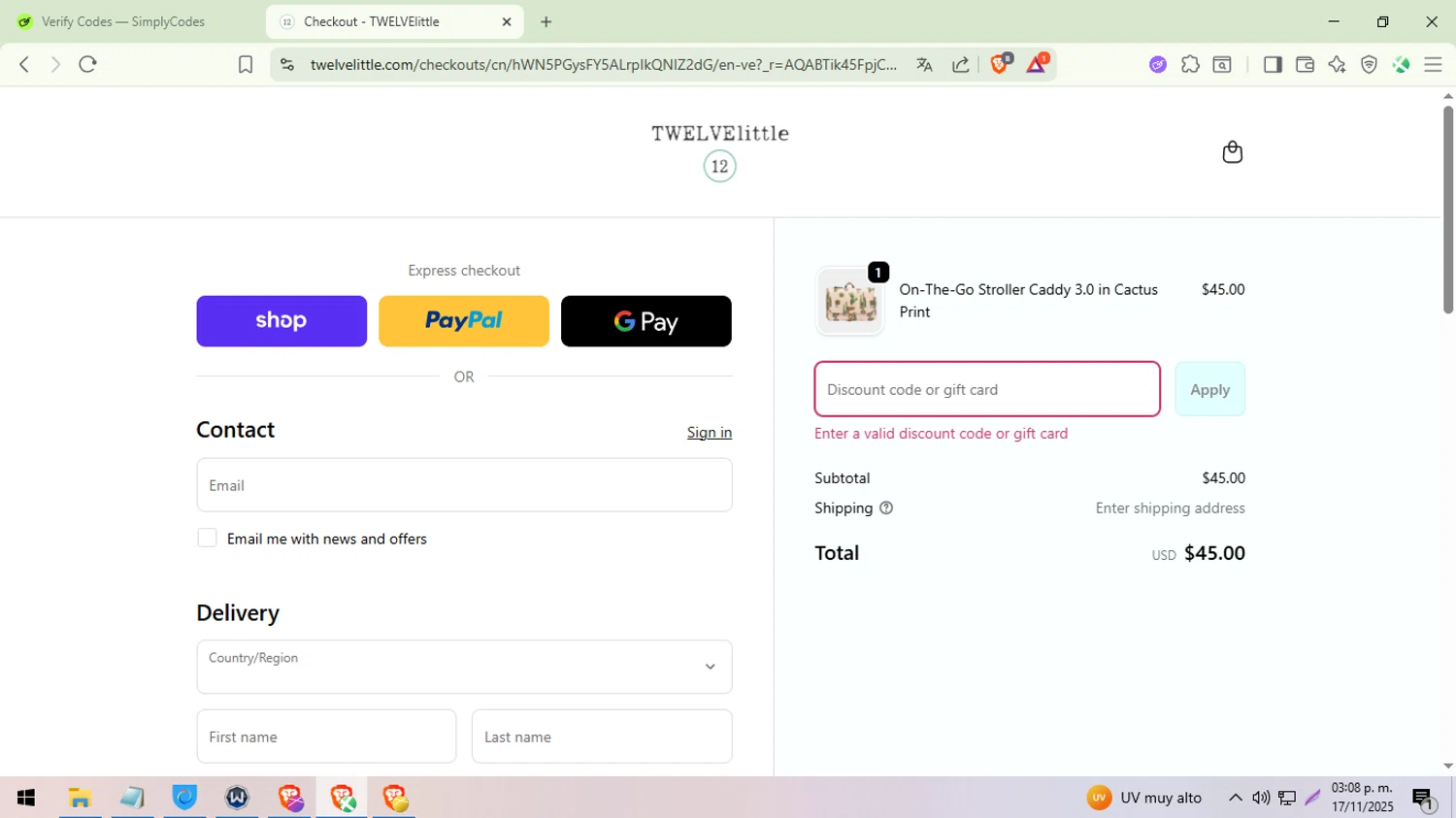 TWELVElittle promo code screenshot showing code FIRST10 applied at TWELVElittle checkout page. Uploaded by SimplyCodes community member ylleneromero on Nov 17, 2025