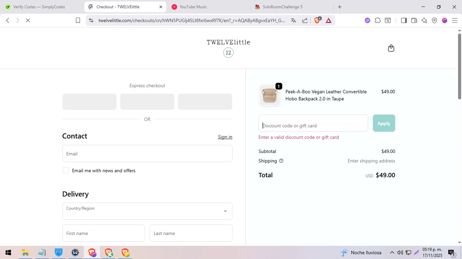 TWELVElittle promo code screenshot showing code TWELVE10 applied at TWELVElittle checkout page. Uploaded by SimplyCodes community member BargainExpert9390 on Nov 17, 2025