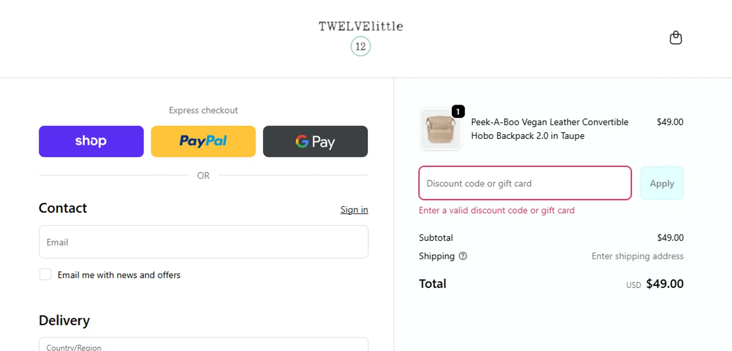 TWELVElittle promo code screenshot showing code TWELVE10 applied at TWELVElittle checkout page. Uploaded by SimplyCodes community member Sweety2021 on Nov 17, 2025