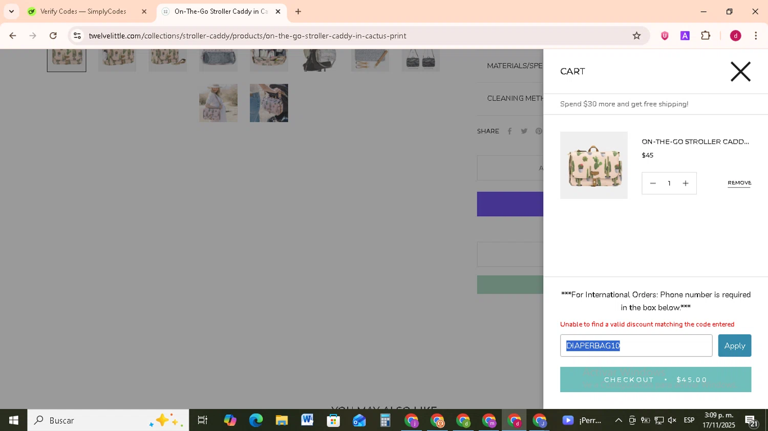TWELVElittle promo code screenshot showing code DIAPERBAG10 applied at TWELVElittle checkout page. Uploaded by SimplyCodes community member FrugalMonarch7277 on Nov 17, 2025