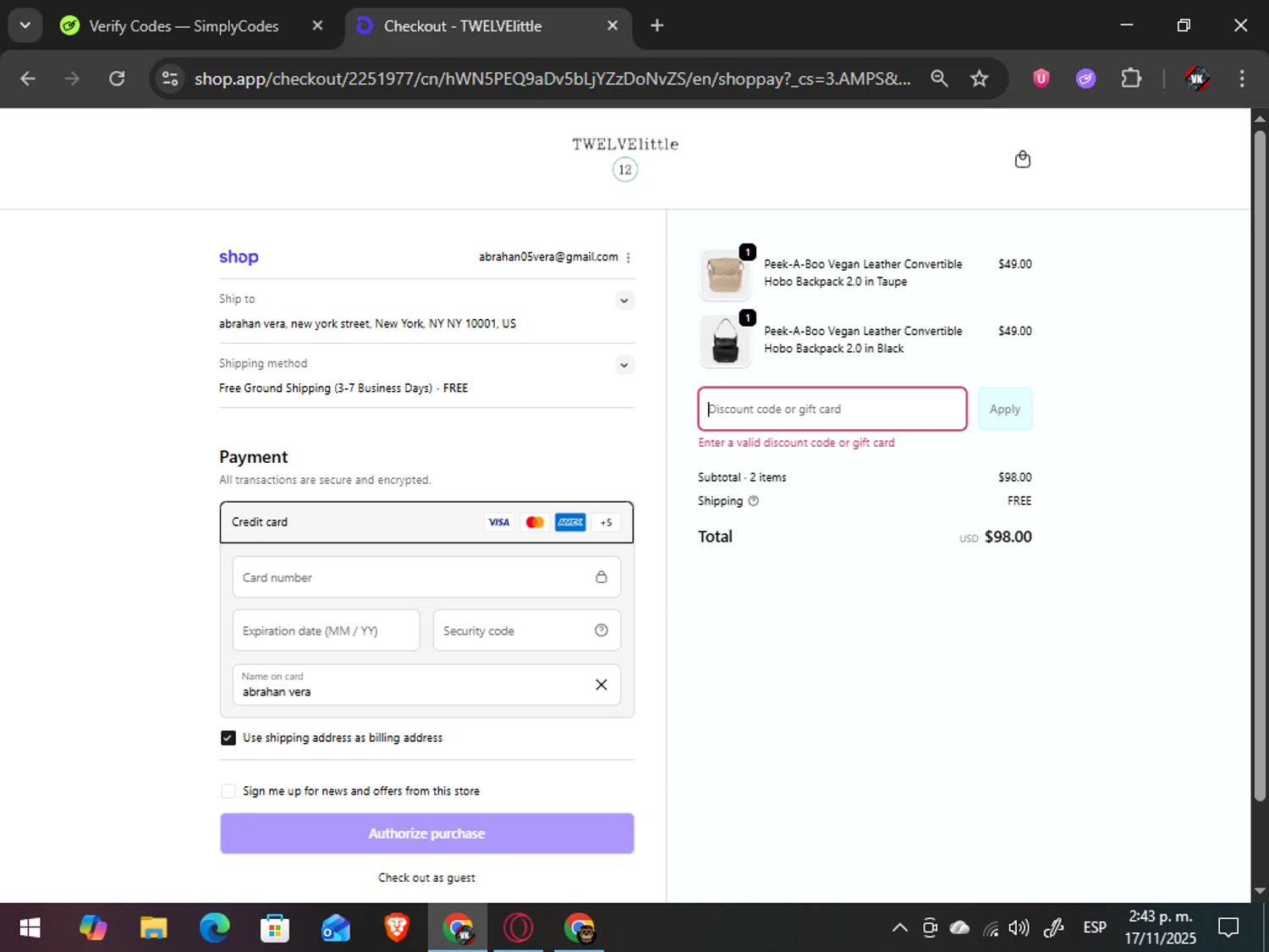 TWELVElittle promo code screenshot showing code TLFIRST15 applied at TWELVElittle checkout page. Uploaded by SimplyCodes community member TreasureAdmiral6867 on Nov 17, 2025