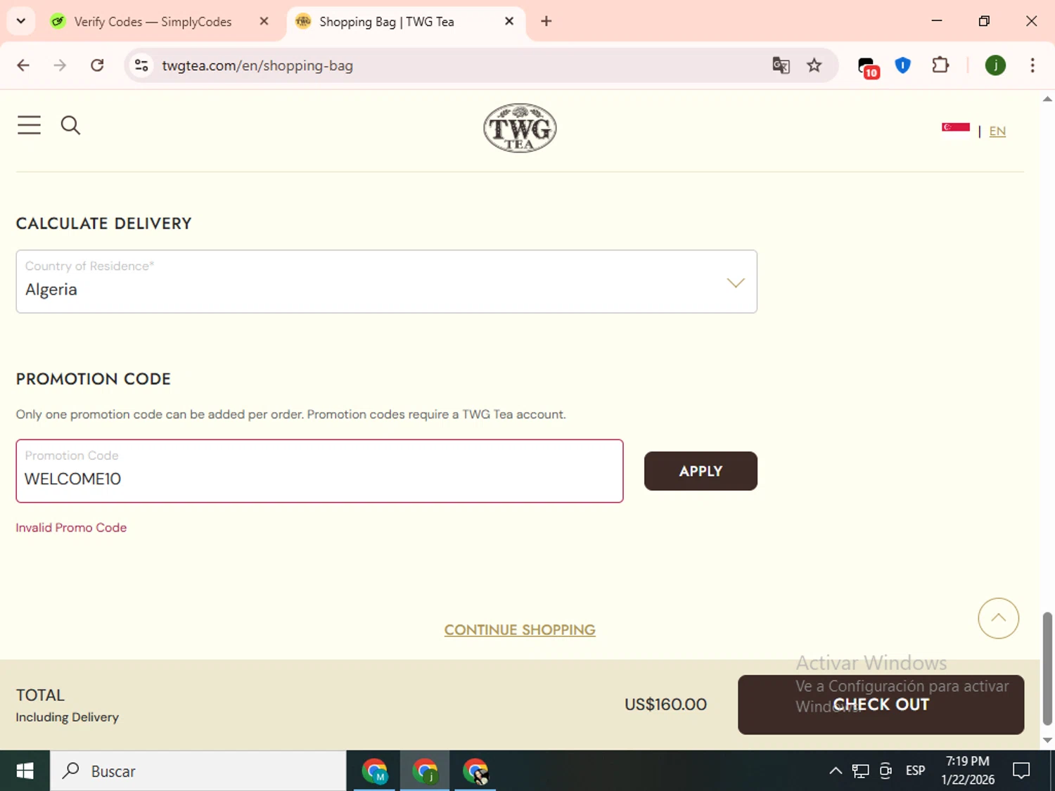 TWG Tea promo code screenshot showing code WELCOME10 applied at TWG Tea checkout page. Uploaded by SimplyCodes community member SavingsCollector2592 on Jan 22, 2026