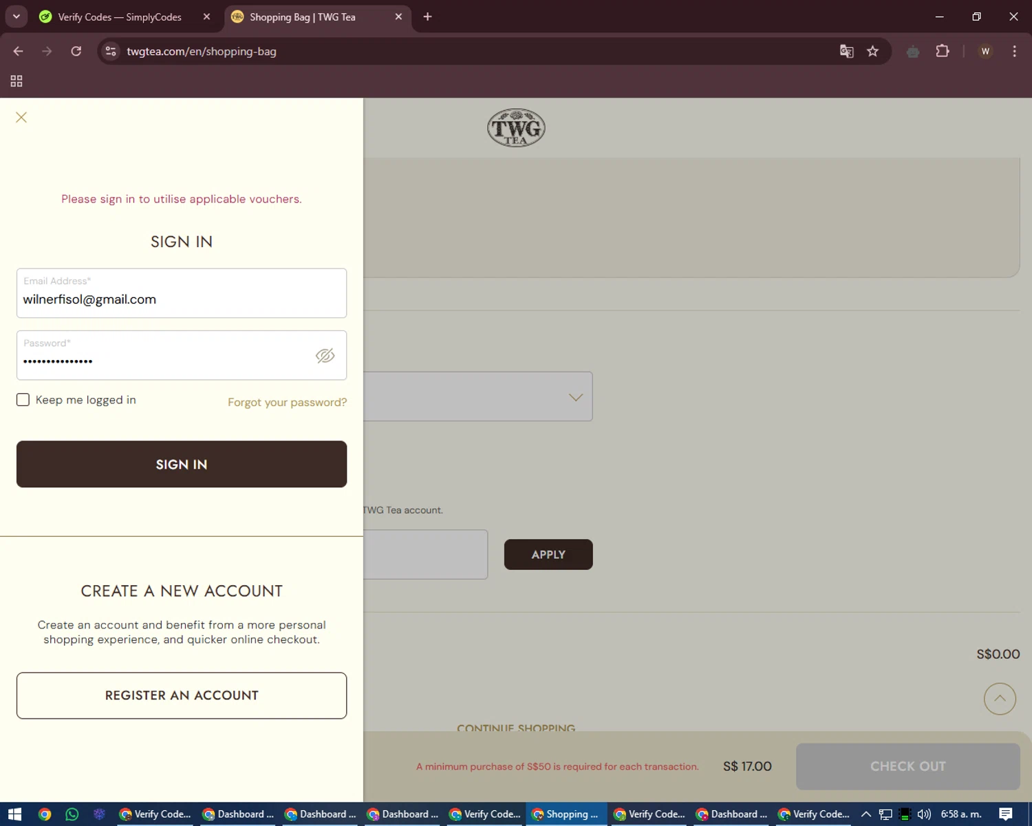 TWG Tea promo code screenshot showing code WELCOME10 applied at TWG Tea checkout page. Uploaded by SimplyCodes community member DealMaestro2101 on Jan 5, 2025