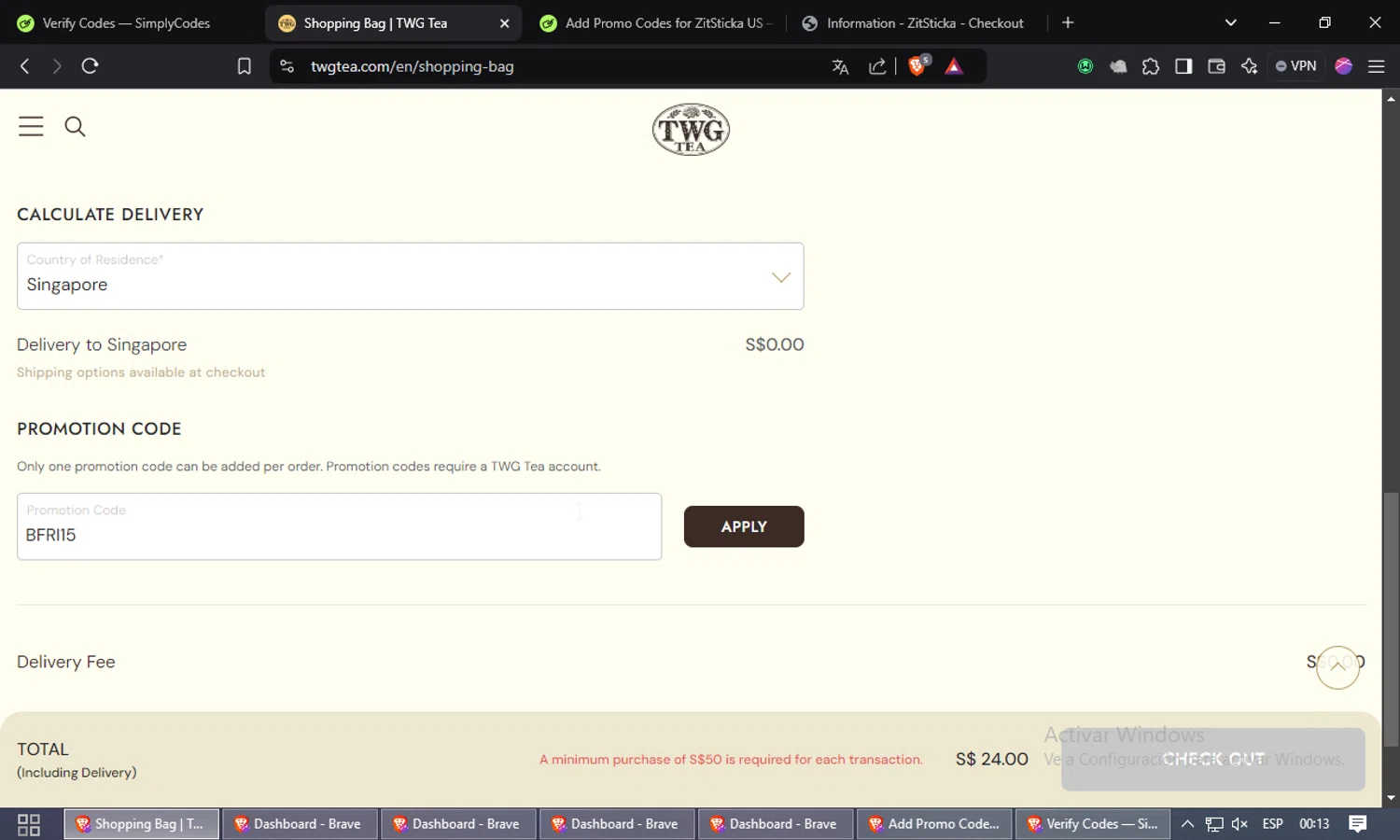 TWG Tea checkout page showing TWG Tea promo code box | Screenshot taken by SimplyCodes community member on Nov 18, 2024