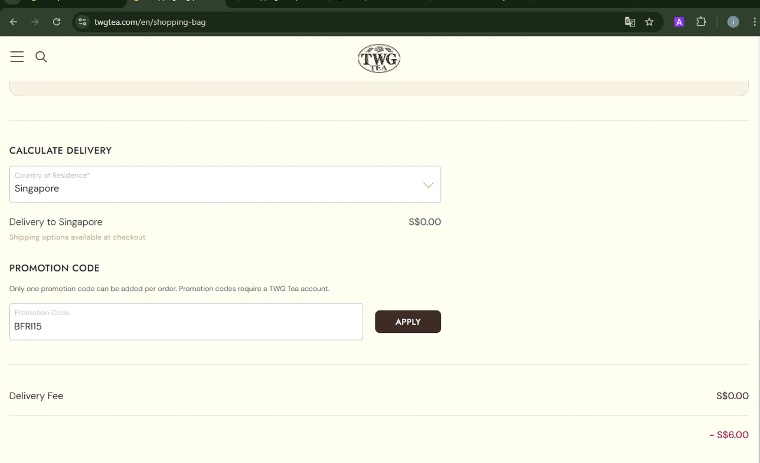 TWG Tea checkout page showing TWG Tea promo code box | Screenshot taken by SimplyCodes community member on Nov 12, 2024