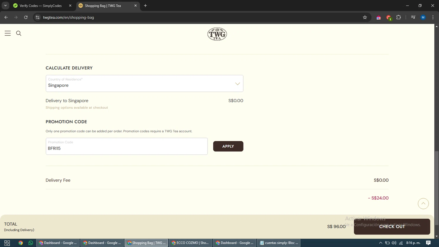 TWG Tea checkout page showing TWG Tea promo code box | Screenshot taken by SimplyCodes community member on Nov 12, 2024