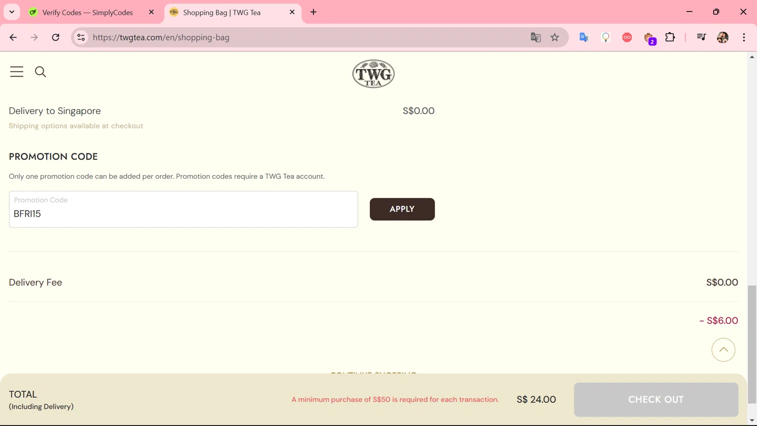 TWG Tea checkout page showing TWG Tea promo code box | Screenshot taken by SimplyCodes community member on Nov 11, 2024