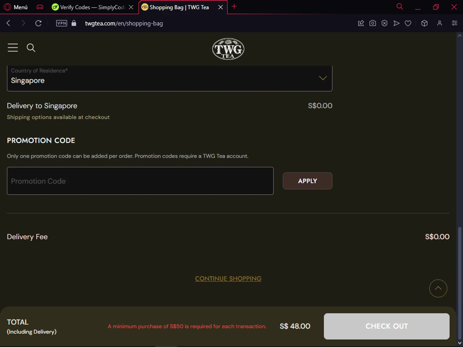 TWG Tea checkout page showing TWG Tea promo code box | Screenshot taken by SimplyCodes community member on Nov 4, 2024
